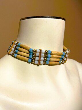 Authentic Six Nations Beaded Choker w/ Glass Beads Buffalo Bone & Cowrie Shells